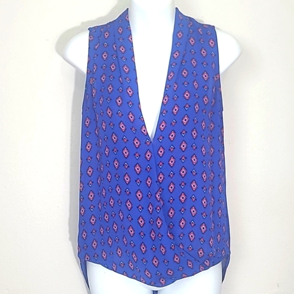Zara Woman Tank Top blouse cross over flowy Blue Red ikat Geometric Prin…